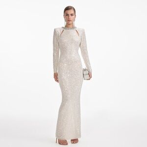 self portrait CREAM RHINESTONE DIAMANTE TRIM MAXI DRESS $870 NEW with tag